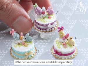 Miniature Easter / Spring Cake Decorated with Aqua Candy Rabbit, Eggs, Blossoms - (B)