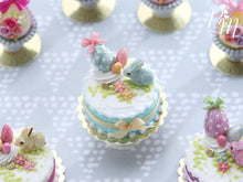 Load image into Gallery viewer, Miniature Easter / Spring Cake Decorated with Aqua Candy Rabbit, Eggs, Blossoms - (B)