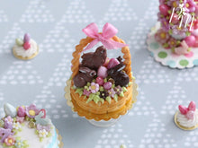Load image into Gallery viewer, Handmade Miniature Easter Basket Cake - Chocolate Bunnies and Chick - Miniature Food in 12th Scale