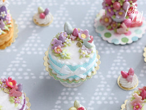 Handmade Miniature Easter Cake Decorated with Eggs, Rabbits, Flowers (C - Aqua/Purple)