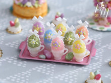 Load image into Gallery viewer, Handmade Miniature Presentation of Colourful Easter Eggs in Cups on Pink Metal Tray