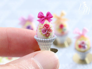 Miniature Pastel Candy Easter Egg (B) Decorated with Trio of Handmade Pink Roses in Shabby Chic Pot