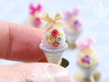 Load image into Gallery viewer, Miniature Food Pastel Candy Easter Egg (D) Decorated with Trio of Handmade Roses in Shabby Chic Pot