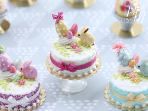 Miniature Easter / Spring Cake Decorated with Yellow Candy Rabbit, Eggs, Blossoms - (C)