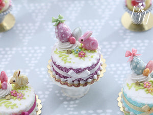 Miniature Easter / Spring Cake Decorated with Pink Candy Rabbit, Eggs, Blossoms (A)
