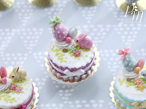 Miniature Easter / Spring Cake Decorated with Pink Candy Rabbit, Eggs, Blossoms (A)