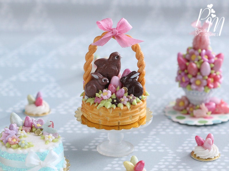 Handmade Miniature Easter Basket Cake - Chocolate Bunnies and Chick - Miniature Food in 12th Scale