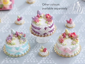 Handmade Miniature Easter Cake Decorated with Eggs, Rabbits, Flowers (C - Aqua/Purple)