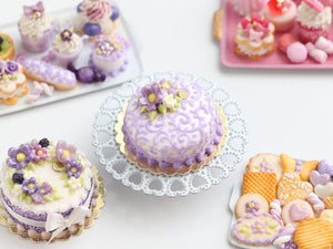 Lilac Arabesque Swirls Cake Decorated with Flowers - Miniature Food in 12th Scale for Dollhouse