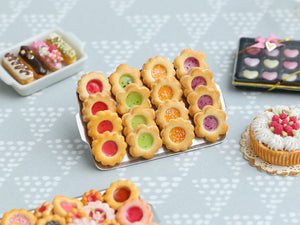 Four Flavours of Fruity Jam-Filled Butter Cookies on Metal Baking Tray - Miniature Food