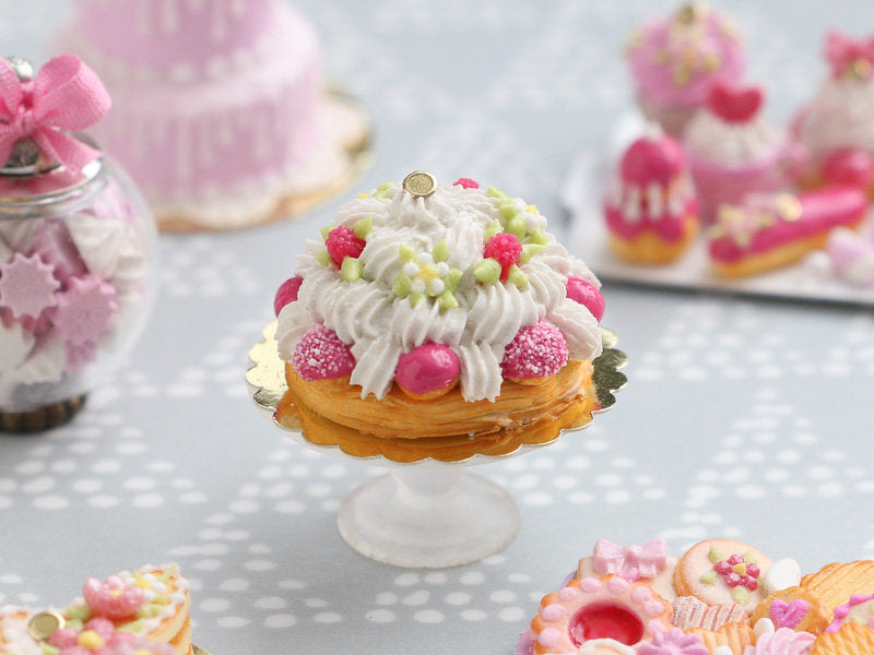 Raspberry St Honoré French Pastry with Pink Choux - Miniature Food for Dollhouse 12th scale