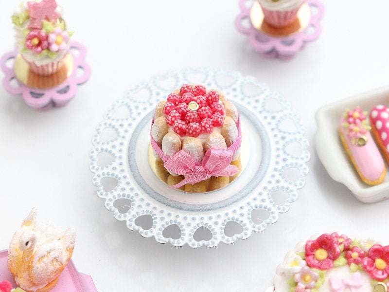 Raspberry Charlotte Dessert Decorated with Pink Silk Ribbon - Miniature Food
