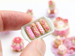 Presentation of Four Beautiful Pink French Eclairs (B) - Miniature Food