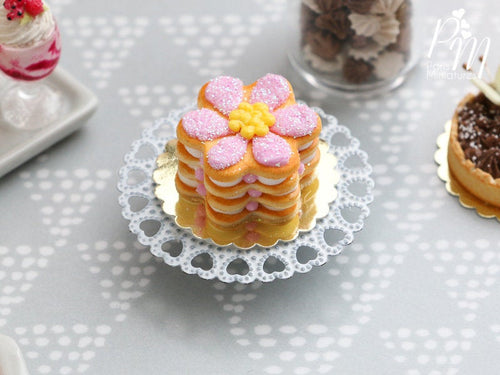 Pink Daisy Millefeuille Sablé Cake - Miniature Food in 12th Scale for Dollhouse