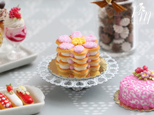 Pink Daisy Millefeuille Sablé Cake - Miniature Food in 12th Scale for Dollhouse