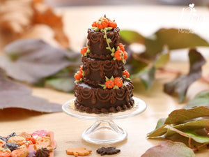 Three Tiered Chocolate Celebration Tower Cake with Pumpkin Decoration for Autumn / Halloween