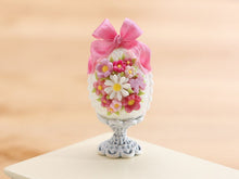 Load image into Gallery viewer, Ornate Easter egg decorated with daisy, pink blossoms, pink bow on Shabby Chic Stand - OOAK