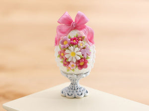 Ornate Easter egg decorated with daisy, pink blossoms, pink bow on Shabby Chic Stand - OOAK