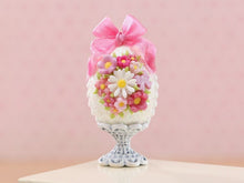 Load image into Gallery viewer, Ornate Easter egg decorated with daisy, pink blossoms, pink bow on Shabby Chic Stand - OOAK