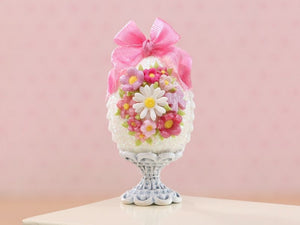 Ornate Easter egg decorated with daisy, pink blossoms, pink bow on Shabby Chic Stand - OOAK
