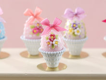 Load image into Gallery viewer, Pastel Candy Easter Egg (A), Decorated with Trio of Blossoms, Silk Bow in Shabby Chic Pot