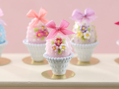 Pastel Candy Easter Egg (A), Decorated with Trio of Blossoms, Silk Bow in Shabby Chic Pot