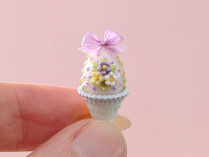 Pretty Pastel Candy Easter Egg (C) Decorated with Trio of Blossoms, Silk Bow, in Shabby Chic Pot
