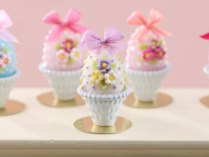 Pretty Pastel Candy Easter Egg (C) Decorated with Trio of Blossoms, Silk Bow, in Shabby Chic Pot