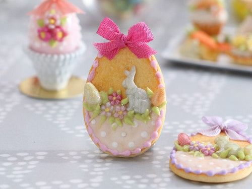 Easter Shortbread Cookie “Basket” Decorated with Rabbit, Blossoms, Egg, Bunny, Pink Silk Bow