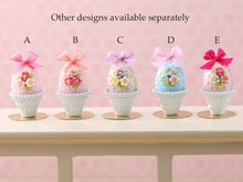 Load image into Gallery viewer, Pretty Pastel Candy Easter Egg (D) Decorated with Trio of Blossoms, Silk Bow, in Shabby Chic Pot