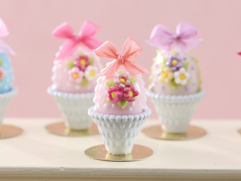 Pastel Candy Easter Egg (B) Pink, Decorated with Trio of Blossoms, Silk Bow in Shabby Chic Pot