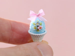 Pretty Pastel Candy Easter Egg (D) Decorated with Trio of Blossoms, Silk Bow, in Shabby Chic Pot