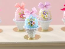 Load image into Gallery viewer, Pretty Pastel Candy Easter Egg (D) Decorated with Trio of Blossoms, Silk Bow, in Shabby Chic Pot