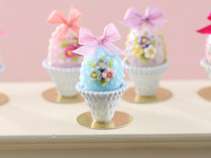 Pretty Pastel Candy Easter Egg (D) Decorated with Trio of Blossoms, Silk Bow, in Shabby Chic Pot