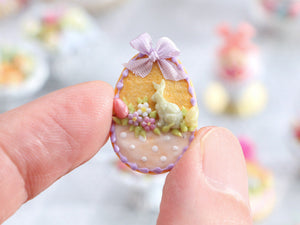 Easter Shortbread Cookie “Basket” Decorated with Rabbit, Blossoms, Egg, Bunny, Mauve Silk Bow