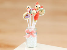 Load image into Gallery viewer, Glass Jar of 3 x 3 Easter lollipops / cake pops - bunnies, chicks and carrots - Miniature Food
