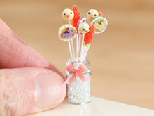 Load image into Gallery viewer, Glass Jar of 3 x 3 Easter lollipops / cake pops - bunnies, chicks and carrots - Miniature Food