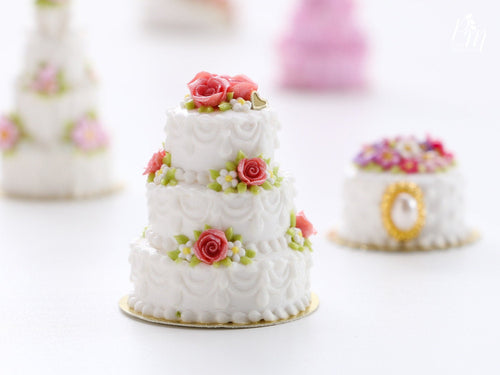 Three Tier Wedding Celebration Tower Cake Decorated with Pink Roses - Miniature Food
