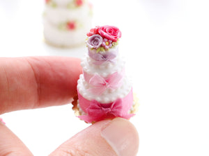 Silk Bows - Three Tier White Wedding Celebration Cake - Miniature Food for Dollhouse 12th scale