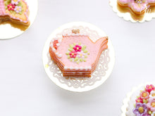Load image into Gallery viewer, Pink Cookie Teapot-shaped Millefeuille decorated with triple pink blossoms - Miniature Food