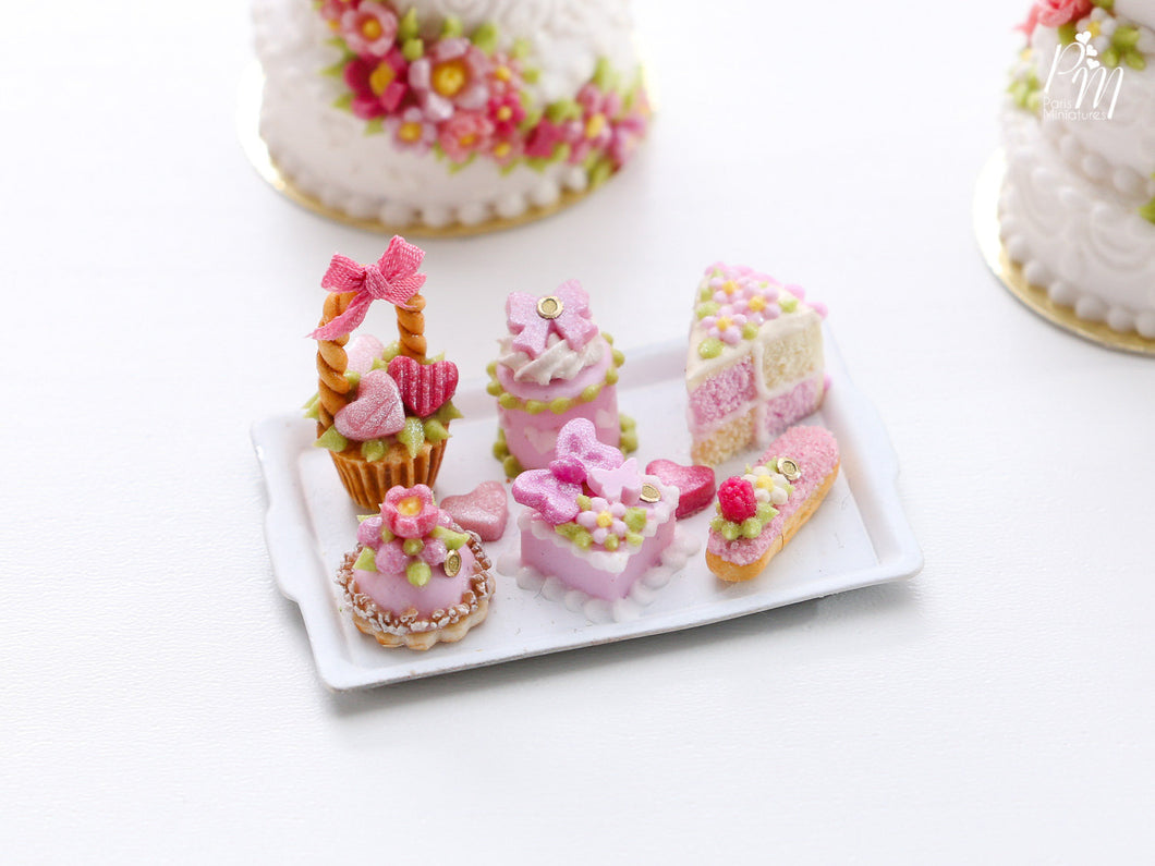 Pretty Pink pastries and Treats (basket cake, éclair, Battenberg etc) on Tray - Miniature food