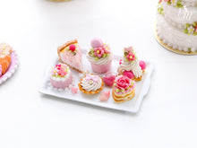 Load image into Gallery viewer, Beautiful presentation of pink pastries and treats (cheesecake slice, St Honoré...) - Miniature Food
