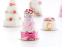 Load image into Gallery viewer, Silk Bows - Three Tier White Wedding Celebration Cake - Miniature Food for Dollhouse 12th scale