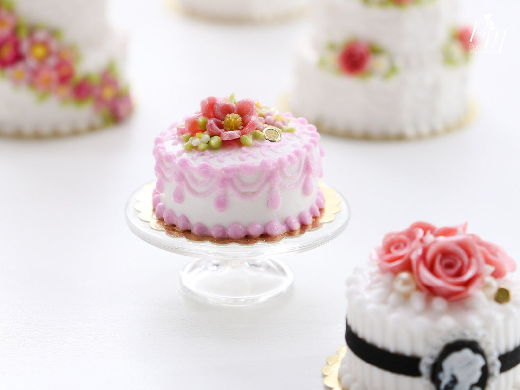 Miniature Cake Decorated with Pink Flowers and Blossoms - Miniature Food in 12th scale