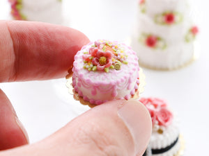 Miniature Cake Decorated with Pink Flowers and Blossoms - Miniature Food in 12th scale