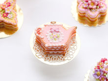 Load image into Gallery viewer, Pink Cookie Teapot-shaped Millefeuille decorated with single pink blossom and bow - Miniature Food