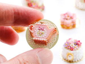 Pink Cookie Teapot-shaped Millefeuille decorated with single pink blossom and bow - Miniature Food