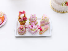 Load image into Gallery viewer, Pretty Pink pastries and Treats (basket cake, éclair, Battenberg etc) on Tray - Miniature food