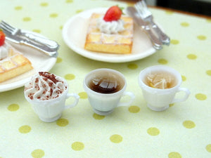 Three Filled Cups with Saucers - Coffee, Creamy Cappuccino, Lemon Tea - Miniature Food in 12th Scale