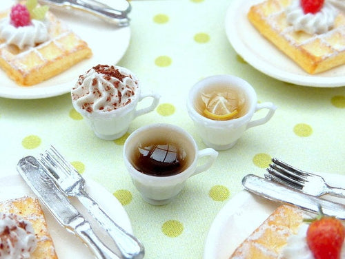Three Filled Cups with Saucers - Coffee, Creamy Cappuccino, Lemon Tea - Miniature Food in 12th Scale